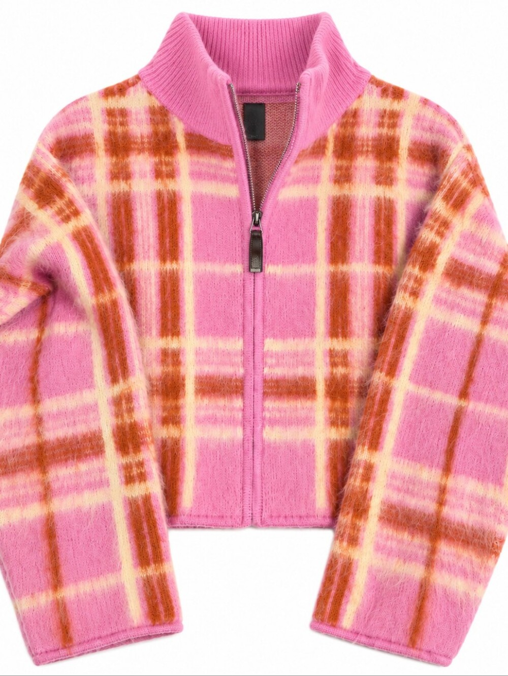 Pink Plaid Soft Zip Up Sweater. Fuzzy Cotton. NWT